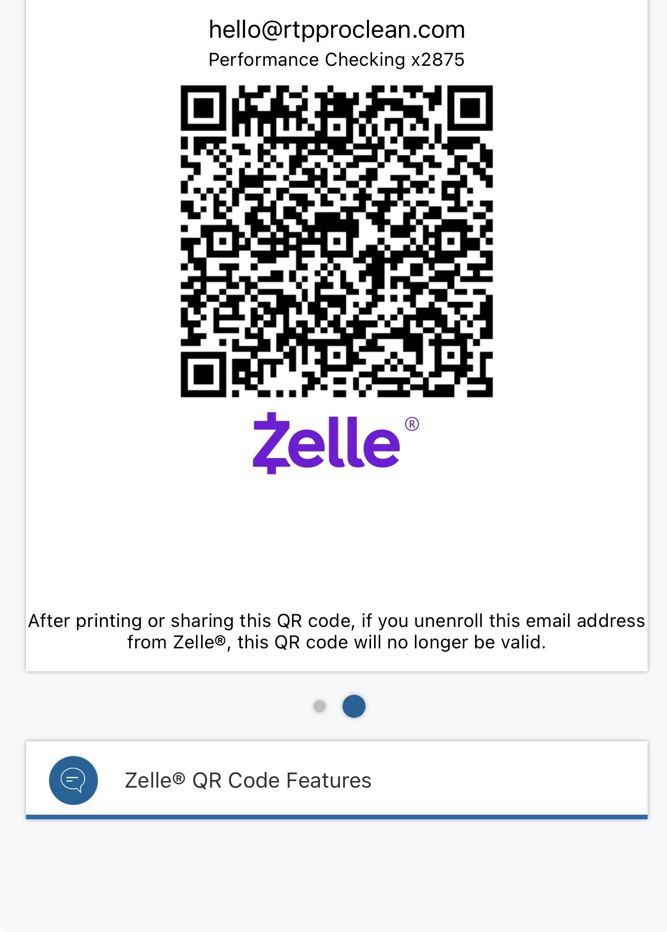 Scan to pay with Zelle - hello@rtpproclean.com